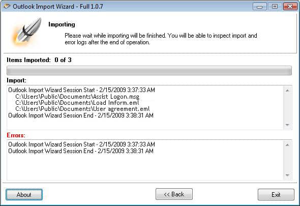 Outlook Import Wizard Screenshot