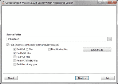 Outlook에서 가져오기 - 소스 폴더 EML 또는 MSG 파일 선택
