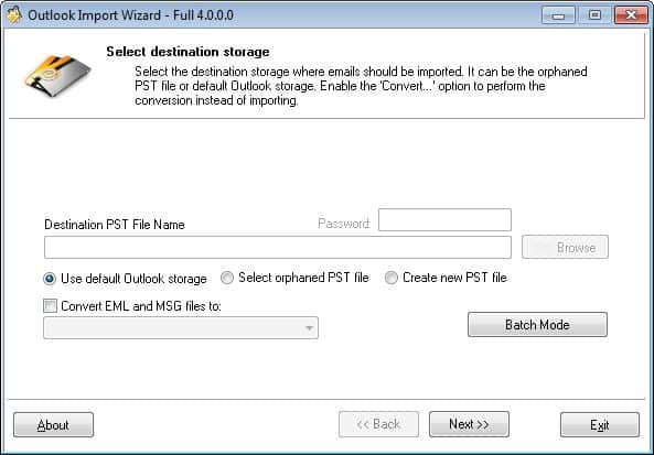 Captura de pantalla Asistente para importación de Outlook