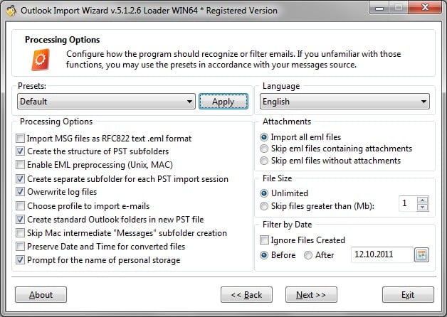 設定と Outlook のインポート ウィザードのフィルター
