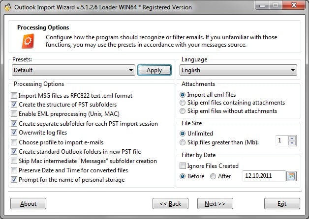 Nastavitve in filtri za Outlook Import Wizard